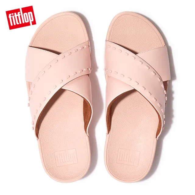 【FitFlop】LULU RUBBER-STUD LEATHER CROSS SLIDES 縫線造型交叉帶涼鞋(玫瑰鹽)