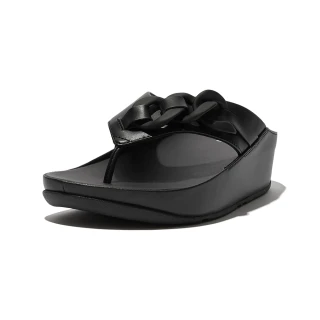 【FitFlop】OPALLE RUBBER-CHAIN LEATHER TOE-POST SANDALS鍊條造型夾腳涼鞋-女(靓黑色)