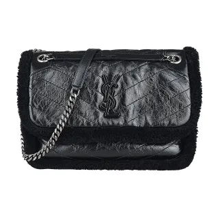 【YSL】YSL Niki黑字LOGO漆皮小羊皮拼接毛皮邊飾翻蓋磁釦式肩背/斜背包(黑)