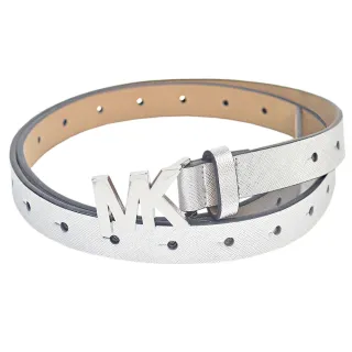 【Michael Kors】女款MK釦頭素色皮革窄版皮帶(銀色)