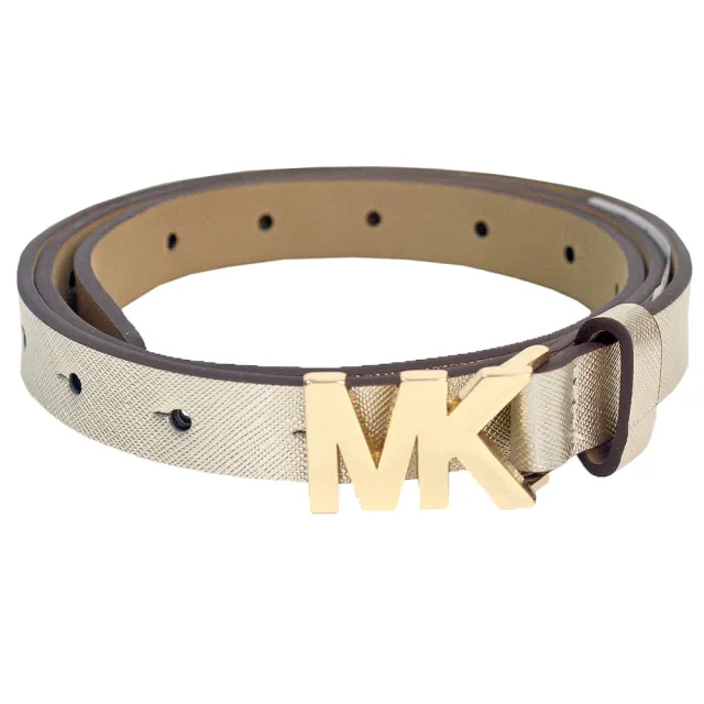 【Michael Kors】女款MK釦頭素色皮革窄版皮帶(香檳金)