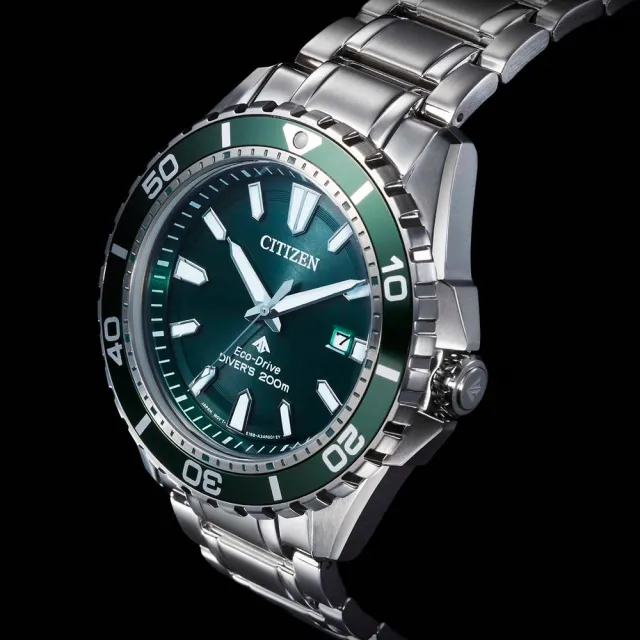 【CITIZEN 星辰】PROMASTER MARINE 光動能200米潛水錶-銀x綠/44.5mm 錶 生日禮 送禮(BN0199-53X)