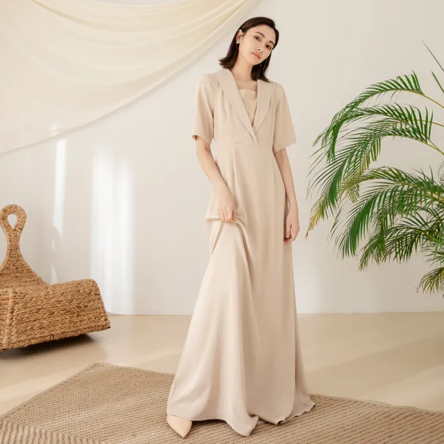 【OB 嚴選】韓系西裝領蕾絲拼接五分袖洋裝輕婚紗 《DA9741》