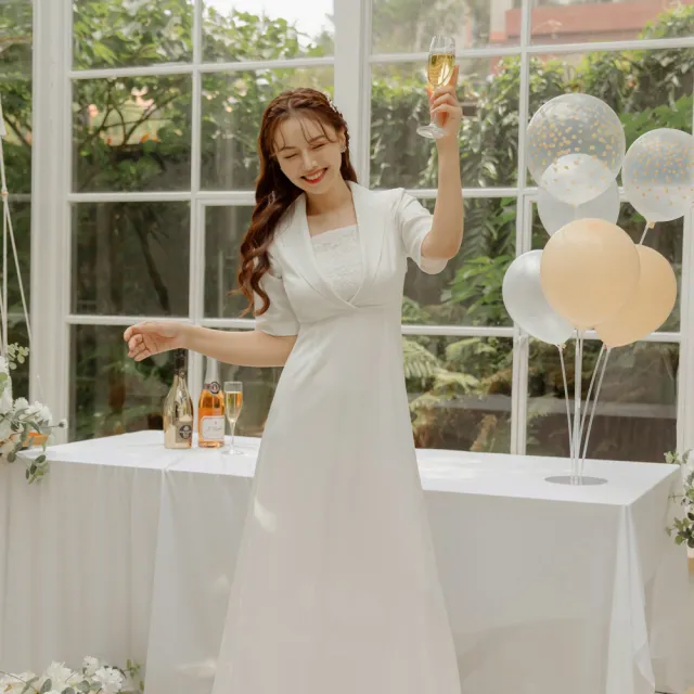 【OB 嚴選】韓系西裝領蕾絲拼接五分袖洋裝輕婚紗 《DA9741》
