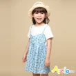【Azio Kids 美國派】女童  洋裝 滿版花草印花假兩件吊帶短袖洋裝(藍)
