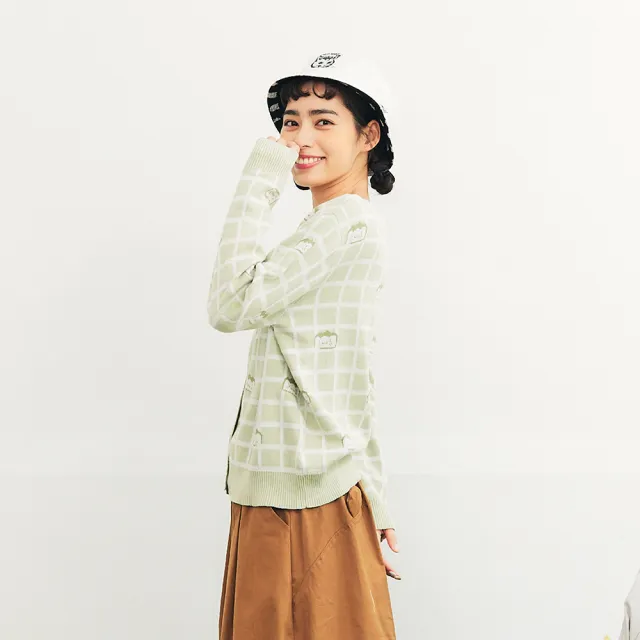 【Dailo】笑臉吐司格紋長袖針織衫外套(綠 駝 紫/魅力商品)