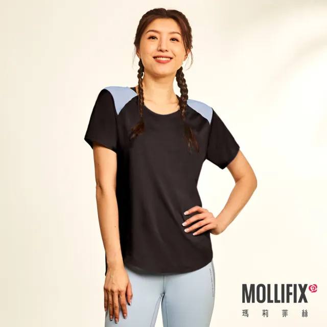 【Mollifix 瑪莉菲絲】撞色拼接短袖訓練上衣、瑜珈服(黑)