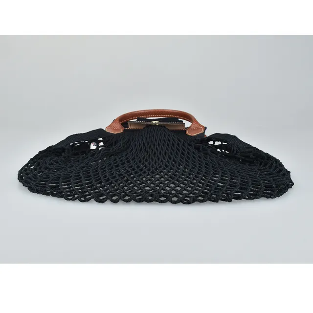 【LONGCHAMP】LONGCHAMP LE PLIAGE FILET奔馬LOGO棉質滾邊牛皮邊釦式手提肩背漁網包(大/黑)