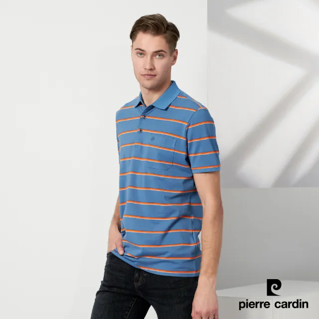 【pierre cardin 皮爾卡登】商務休閒 男款 橫條短袖POLO衫-藍色(5237261-36)