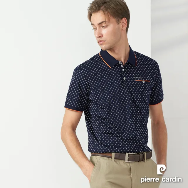 【pierre cardin 皮爾卡登】休閒服飾 男款 純絲光棉印花短袖POLO衫-深藍色(5237216-38)