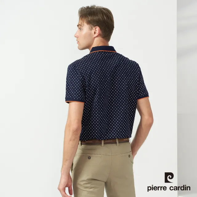 【pierre cardin 皮爾卡登】休閒服飾 男款 純絲光棉印花短袖POLO衫-深藍色(5237216-38)