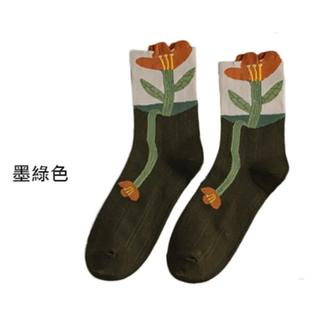 【OT SHOP】女款莫蘭迪色系中筒襪 M1210(襪子 森林色系 花朵 撞色)