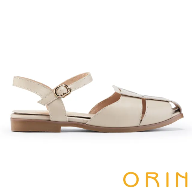 【ORIN】寬版編織護趾真皮平底涼鞋(米色)