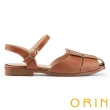【ORIN】寬版編織護趾真皮平底涼鞋(棕色)