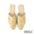【HERLS】穆勒鞋-全真皮交錯編織平底穆勒鞋(黃色)