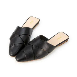 【HERLS】穆勒鞋-全真皮交錯編織平底穆勒鞋(黑色)
