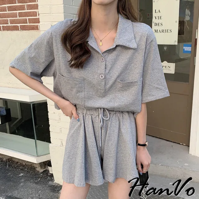 【HanVo】現貨 翻領POLO雙口袋A字褲裙休閒套裝(休閒舒適短袖短褲套裝 日常百搭韓系女裝 女生衣著 A08-5954)