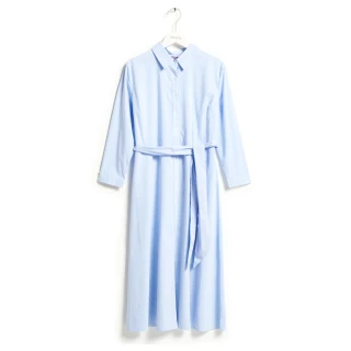 【SOMETHING】女裝 襯衫式綁帶長袖洋裝(淡藍色)