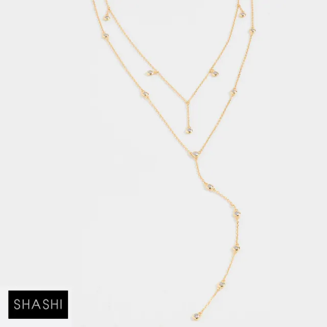 【SHASHI】紐約品牌 Diamond Dangle 雙層金色Y字鍊 經典鑲鑽Y字鍊(鑲鑽Y字鍊)