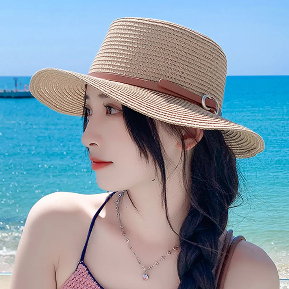 【AnnaSofia】買一送一久等禮 遮陽帽防曬帽淑女帽網美渡假草帽海灘帽漁夫帽-雙U釦革帶 寬簷 現貨(駝系)