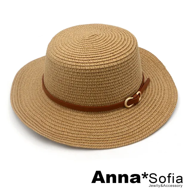 【AnnaSofia】買一送一久等禮 遮陽帽防曬帽淑女帽網美渡假草帽海灘帽漁夫帽-雙U釦革帶 寬簷 現貨(駝系)