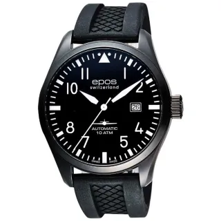 【epos 愛寶時】經典時尚飛行員系列自動上鍊機械錶-橡膠帶 黑43mm(3401.132.25.35.55)