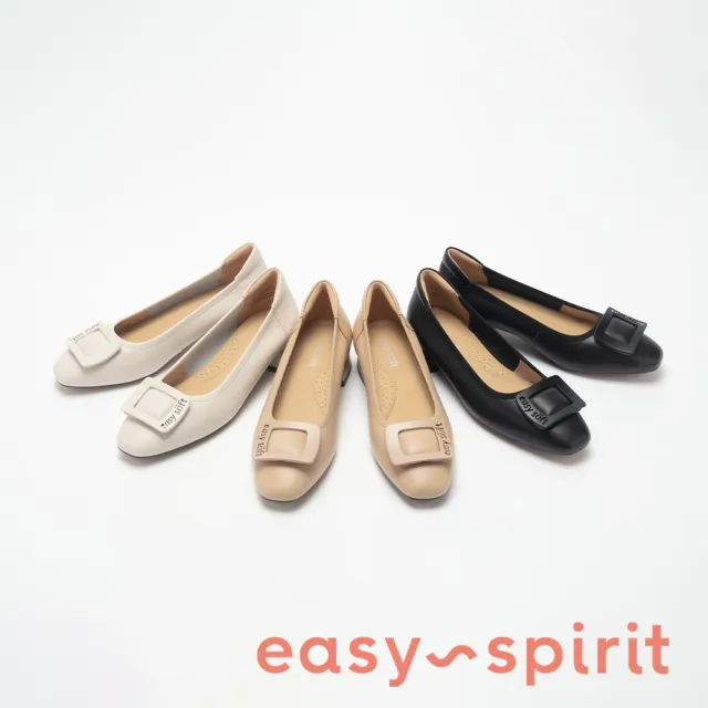 【Easy Spirit】GASHA 真皮品牌方釦方頭低跟鞋(白色)