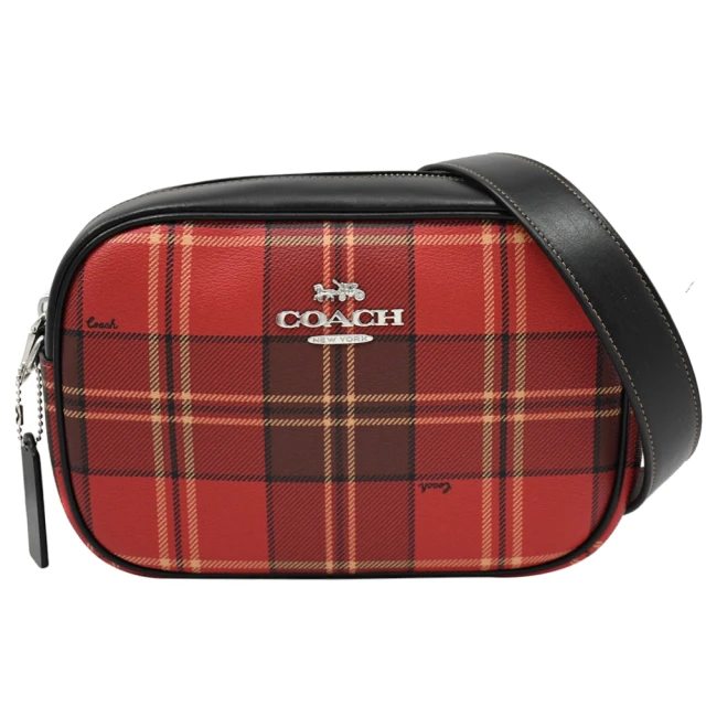 COACH 經典LOGO格紋皮革拼接方包相機包斜背包(紅黑)