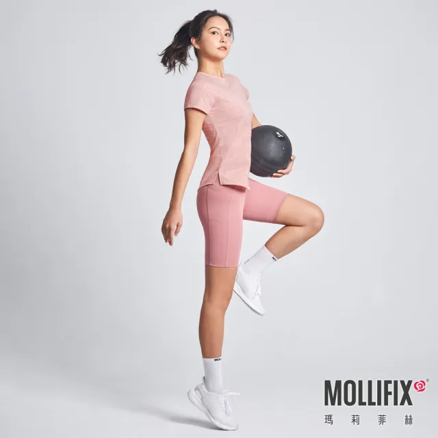 【Mollifix 瑪莉菲絲】前交叉高腰包覆訓練五分褲、瑜珈服、Legging(玫瑰粉)