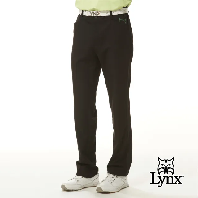 【Lynx Golf】男款彈性舒適材質口袋山貓印花兩側配布剪裁造型後腰網布剪接平口休閒長褲(二色)