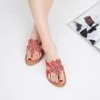 【QUEENA】坡跟拖鞋 花朵拖鞋/波西米亞民族風彩鑽串珠花朵造型坡跟拖鞋(紅)