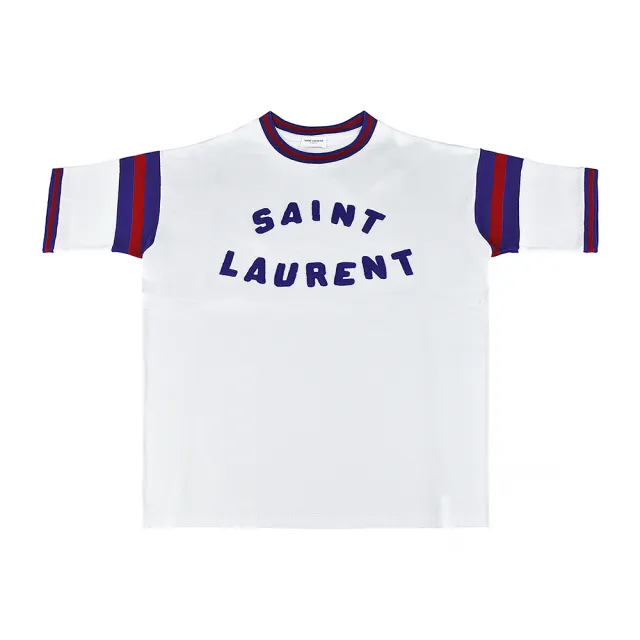 【YSL】YSL SAINT LAURENT毛氈字母LOGO紅藍條紋造型棉質短袖圓領T恤(男款/白x紅x藍)