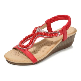 【QUEENA】坡跟涼鞋 燙鑽涼鞋/波西米亞民族風繽紛彩色串珠燙鑽優雅線條坡跟涼鞋(紅)