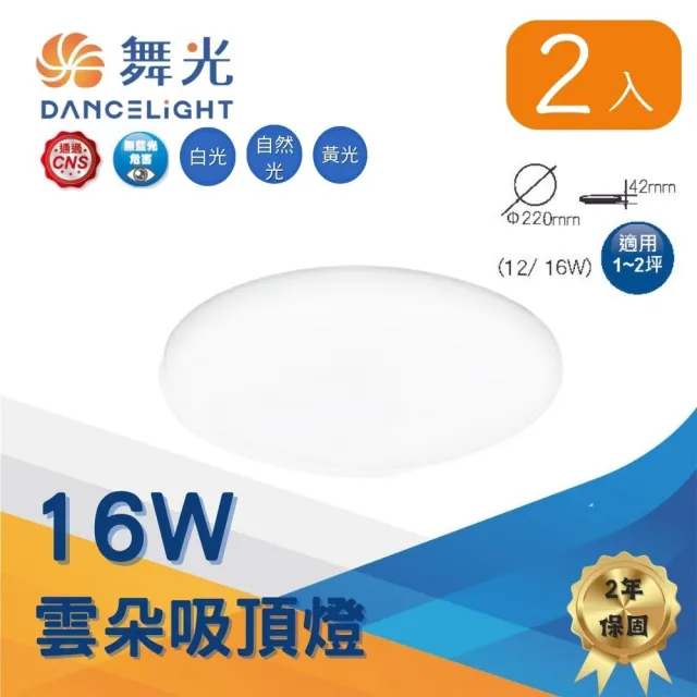 【DanceLight 舞光】2入組 LED 16W 高光效 雲朵薄型吸頂燈(防塵防蟲卡扣安裝 超薄設計 高4.2CM)