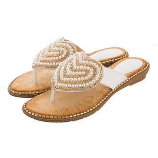 【QUEENA】坡跟拖鞋 夾腳拖鞋/波西米亞民族風甜美愛心串珠造型坡跟夾腳拖鞋(白)