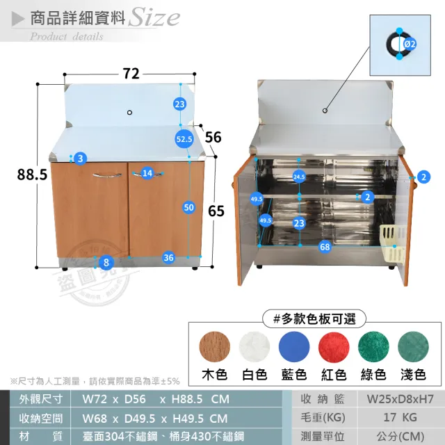 【Abis】客製商品-頂級升級款不鏽鋼72瓦斯爐台/流理台/工作台/收納廚具/多款色板可選(桶身430)