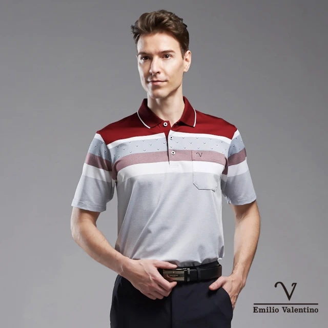 【Emilio Valentino 范倫鐵諾】男裝 吸濕速乾涼感彈性胸袋短袖POLO衫_紅/灰/白(15-3V7922)
