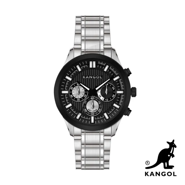 【KANGOL】英國袋鼠│紳士經典三眼造型鋼鍊錶(黑面銀 KG73741-02G)