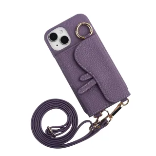 【Aguchi 亞古奇】iPhone 14/14 Plus/14 Pro/14 Pro Max 馬鞍卡包手機皮套 附美妝鏡及皮質背帶-絨紫