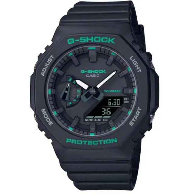 【CASIO 卡西歐】G-SHOCK 簡約輕薄 現代綠時尚 個性黑 八角形錶殼 GMA-S2100GA-1A_42.9mm