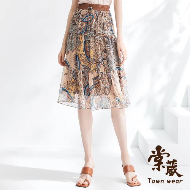 TOWN’WEAR 棠葳 南洋風印花雪紡中長裙(女下著/印花/鬆緊腰頭/蝴蝶結)