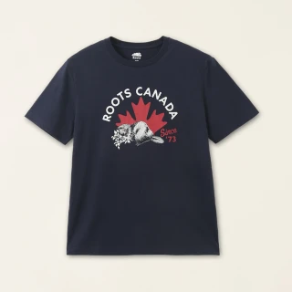 【Roots】Roots男裝-加拿大日系列 手繪海狸有機棉短袖T恤(軍藍色)