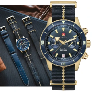 【Rado 雷達表】Captain Cook 庫克船長青銅三眼計時機械錶-藍43mmR05(R32146208 附藍織物錶帶和皮錶帶各一)