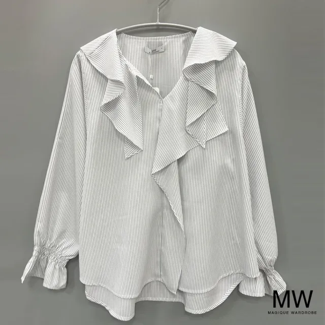 【MAGIQUE WARDROBE】荷葉直條紋長袖襯衫上衣(2色)