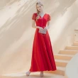【OMUSES】手工蕾絲拼接緞紅色長禮服19-2222(S-3L)