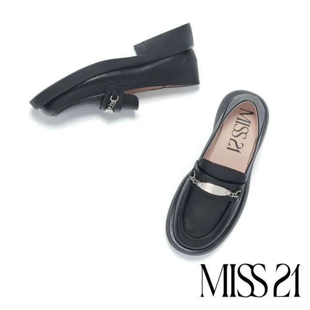 【MISS 21】質感金屬鍊條純色全真皮樂福低跟鞋(黑)