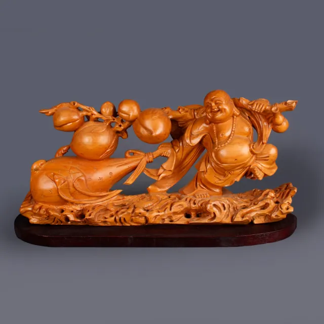 【MU LIFE 荒木雕塑藝品】福壽自在布袋佛-高12cm(黃揚木/招財)