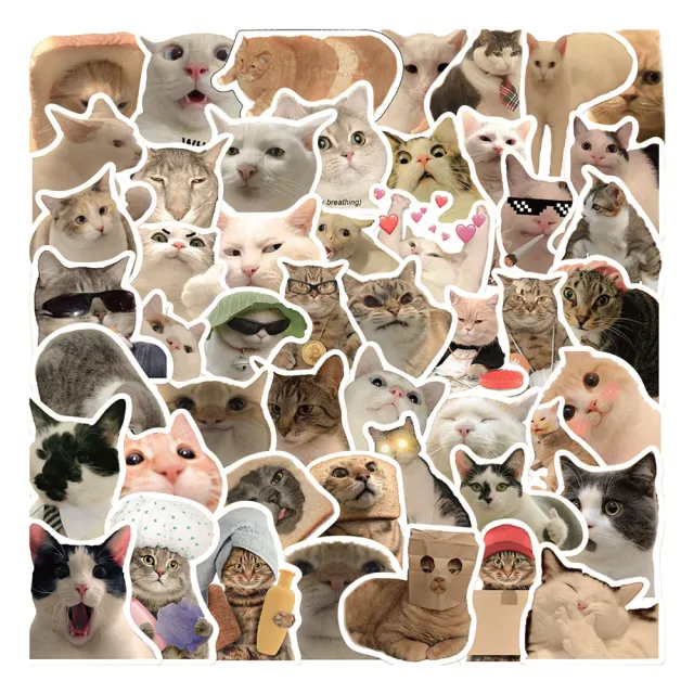 【zozo】貓咪表情防水貼紙50張 裝飾貼 行李箱貼 滑板貼 筆記本貼 手賬貼 筆電貼 手機殼貼紙(防水可反覆貼)