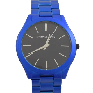【Michael Kors】專櫃款 Slim Runway 不鏽鋼大框時尚腕錶(藍)
