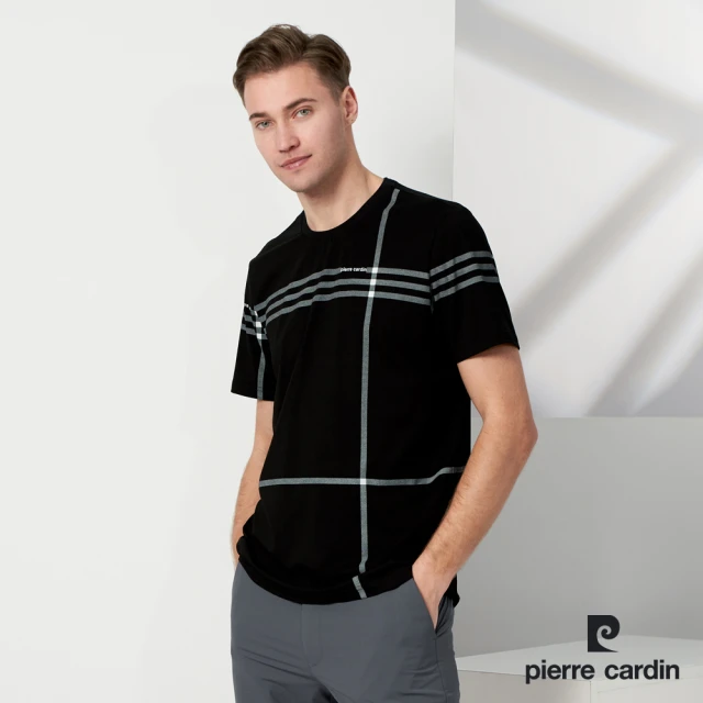 pierre cardin 皮爾卡登 商務休閒 男款 大定位格子印花圓領短袖上衣-黑色(5237281-99)